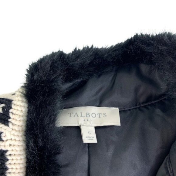 Talbots Knit Fair Isle Sweater with Fur Trim Black White - Picture 4 of 6